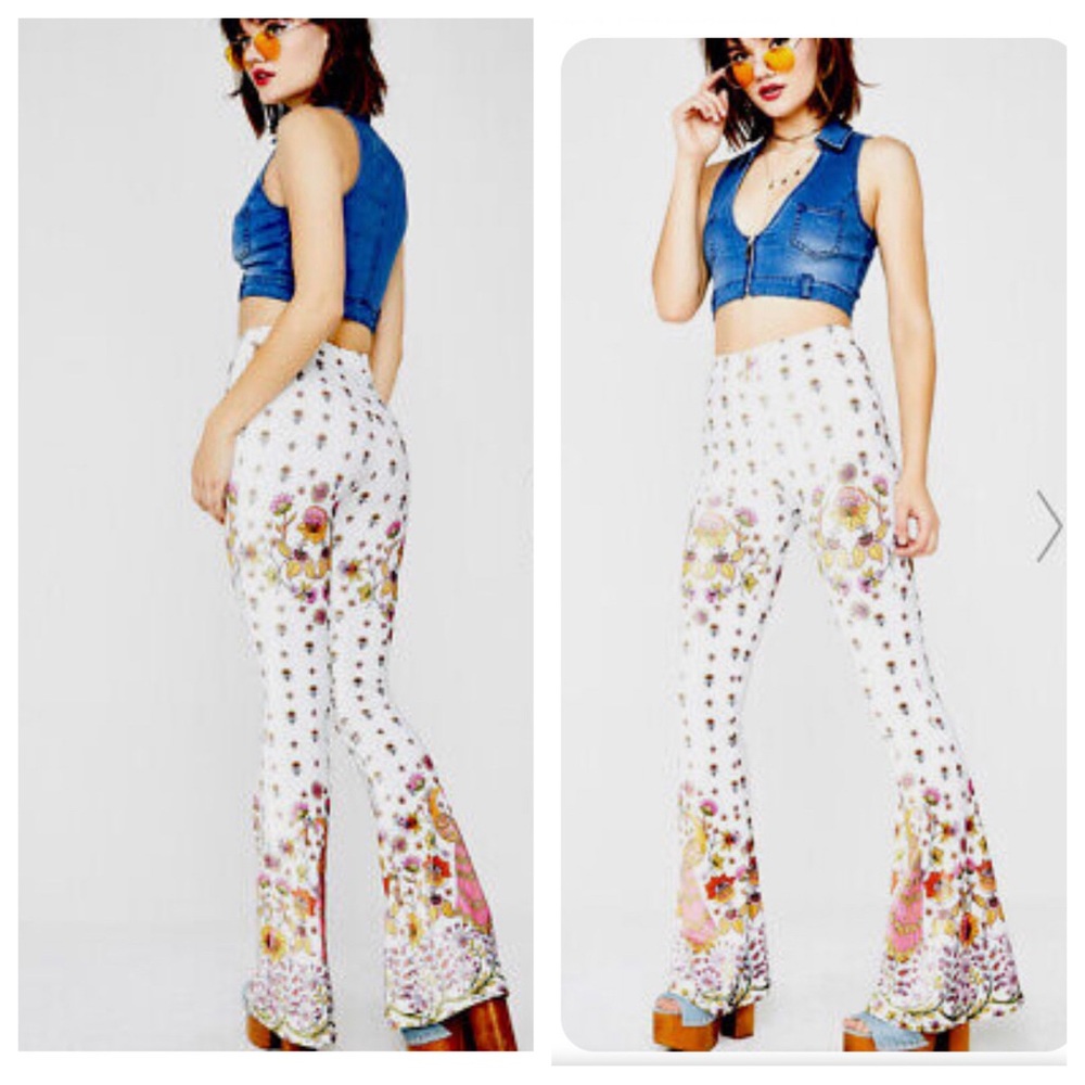 Flare Street x Free People Amalia Velvet Floral Peacock Wide Leg Pants
